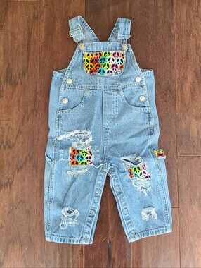 Vintage Toy Truck Brand Distressed Peace Sign Patchwork Baby Denim Overalls
